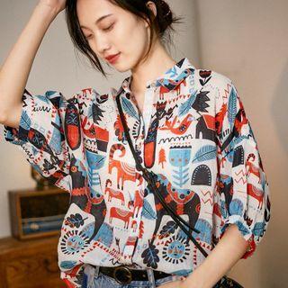 Elbow-sleeve Print Blouse Blue & Orange & White - One Size