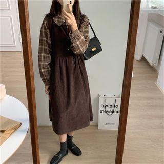 Plaid Blouse / Midi Overall Dress