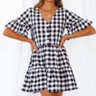 Flared-sleeve Gingham Mini A-line Dress