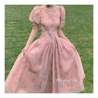 Flower Print Puff-sleeve Midi A-line Dress