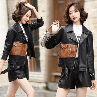 Faux Leather Panel Zip Biker Jacket