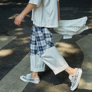 Gingham Panel Drawstring Wide-leg Pants