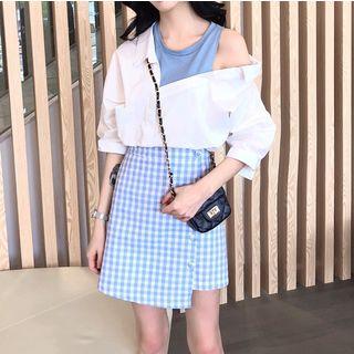 Mock Two-piece Elbow-sleeve Blouse / Plaid A-line Skirt