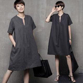 Open-placket Loose-fit Linen Blend Dress