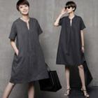 Open-placket Loose-fit Linen Blend Dress
