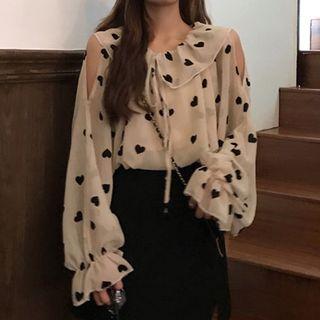 Heart Print Cut-out Chiffon Blouse