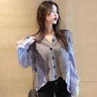 V-neck Stripe Panel Cardigan Stripe - Blue - One Size