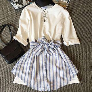 Elbow-sleeve Tie Waist Dress