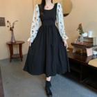 Lantern-sleeve Floral Panel Midi A-line Dress