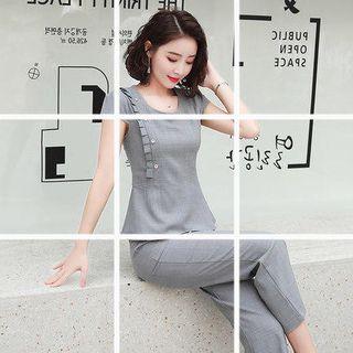 Set: Cap-sleeve Frill Trim Top + Cropped Dress Pants