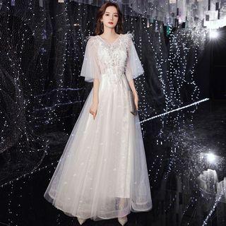 Embellished Elbow-sleeve Mesh A-line Evening Gown
