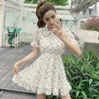 Puff-sleeve Floral Print Chiffon Frill Trim A-line Mini Dress