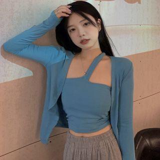 Set: Plain Cardigan + One-shoulder Halter Top Blue - One Size