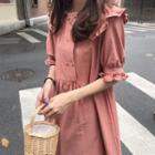 Double-breasted Elbow-sleeve Midi A-line Dress Rust Red - One Size