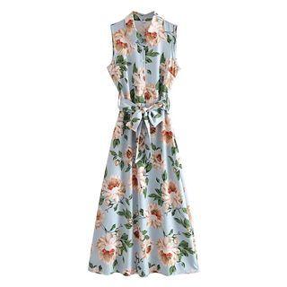 Flower Print Sleeveless A-line Midi Shirt Dress