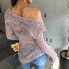 Off-shoulder Distressed Open-knit Sweater