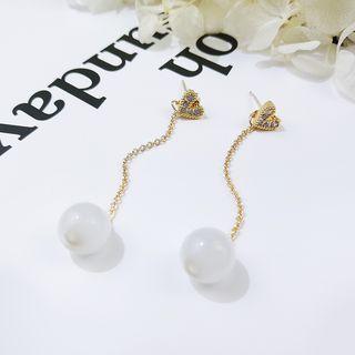 925 Sterling Silver Rhinestone Heart & Bead Dangle Earring Love Heart - Gold - One Size