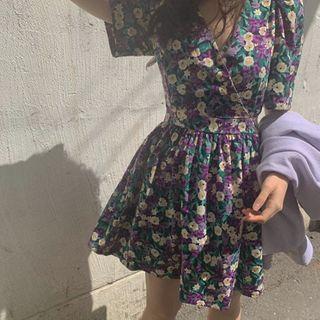 Floral Print V-neck Short-sleeve Mini A-line Dress