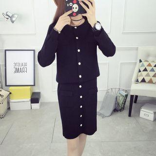 Set: Crewneck Cardigan + Drawstring Waist Knit Skirt