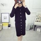 Set: Crewneck Cardigan + Drawstring Waist Knit Skirt