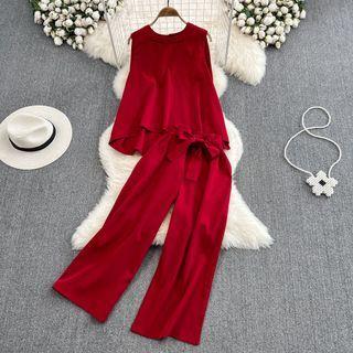 Set: Round Neck Plain Oversized Tank Top + Bow Detail Wide Leg Pants