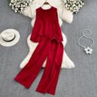 Set: Round Neck Plain Oversized Tank Top + Bow Detail Wide Leg Pants