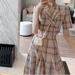 Set: Short Sleeve Double Breast Plaid Blazer + Pleated A-line Skirt