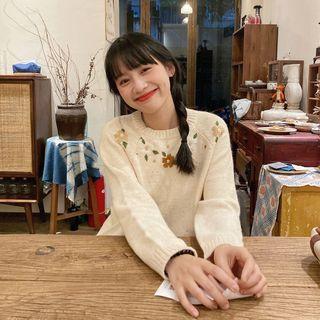 Round-neck Embroidered Sweater Almond - One Size