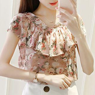 Ruffle Trim Cap-sleeve Chiffon Top
