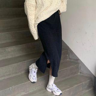 High-waist Split Plain Knit Skirt