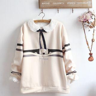 Bear Print Sweatshirt/ Bow Accent Long-sleeve Blouse/ Set
