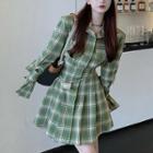 Long-sleeve Plaid Shirt Dress Plaid - Green - One Size