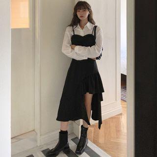 Set: Plain Long-sleeve Shirt + Asymmetric Spaghetti-strap Dress