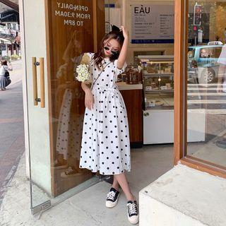 Short-sleeve Dotted Tie-waist Midi A-line Dress
