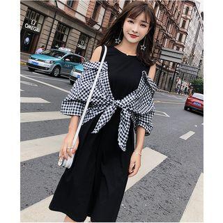 Plaid 3/4-sleeve Mock Two-piece Dress