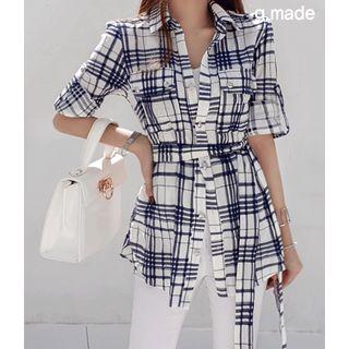 Epaulette Dip-back Checked Shirt With Sash