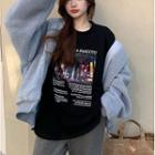 Lettering Print T-shirt / Fluffy Zip-up Hoodie