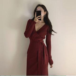 Plain V-neck Slim-fit High-waist Long-sleeve Dress