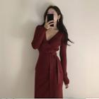 Plain V-neck Slim-fit High-waist Long-sleeve Dress