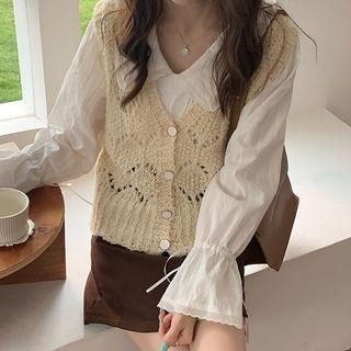 Single-breasted Pointelle Knit Vest / Bell-sleeve Collared Blouse
