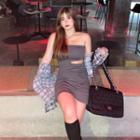 Strapless Sheath Dress / Plaid Shirt