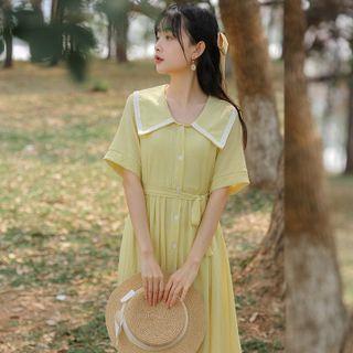 Short-sleeve Wide Collar Tie-waist Midi A-line Dress