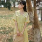 Short-sleeve Wide Collar Tie-waist Midi A-line Dress