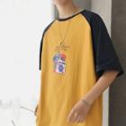 Elbow-sleeve Raglan Cartoon T-shirt