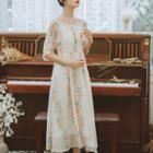 Elbow-sleeve Lace Trim Floral Chiffon A-line Midi Dress