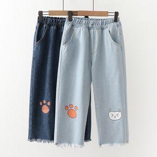 Cat Print Fray Hem Straight-cut Jeans