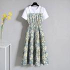 Short-sleeve Mock Two-piece Floral Print A-line Dress