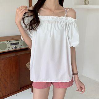 Off-shoulder Plain Puff-sleeve Top