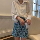 Long-sleeve Plain Shirt / Leopard Print A-line Mini Skirt