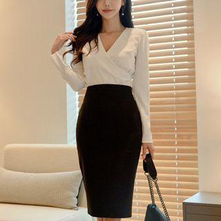 Asymmetric Hem Blouse/ Slit-back Pencil Skirt/ Set